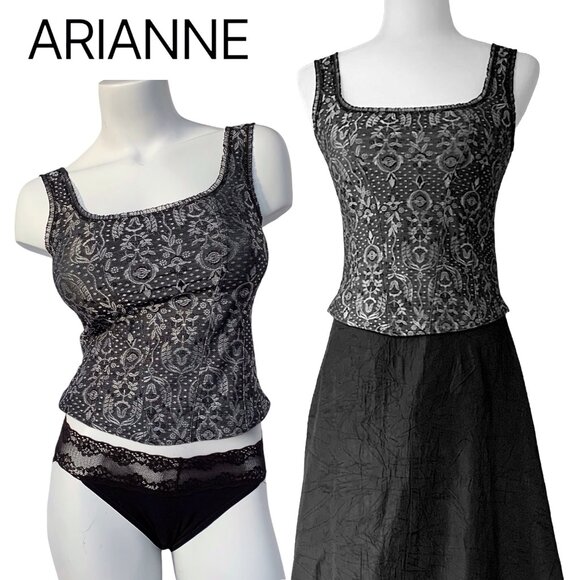 Arianne Tops - Black/Gray Metallic Brocade Cami-Corset Lace Trim Camisole - Size 4-6